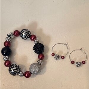Elegant Maroon and Silver Beaded Elastic Bracelet Set